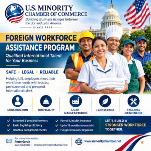 Foreign Workforce Assistance Program for U.S. employers, showing workers in construction, hospitality, manufacturing, landscaping, and facilities maintenance