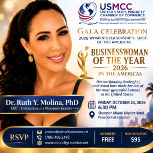 Gala recognition poster for Dr. Ruth Y. Molina, PhD — Businesswoman of the Year 2026 in the Americas, October 23 at 6:30 p.m.